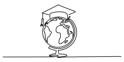 One continuous line drawing of a globe wearing a graduation cap, symbolizing global education, academic achievement, and international learning.