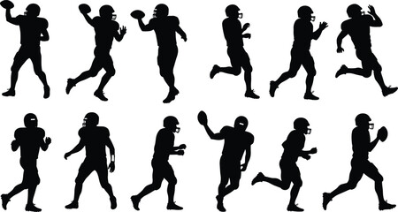 Set of American football player silhouettes in action poses, running, throwing, catching ball, sports athlete vector collection for game, training, competition design
