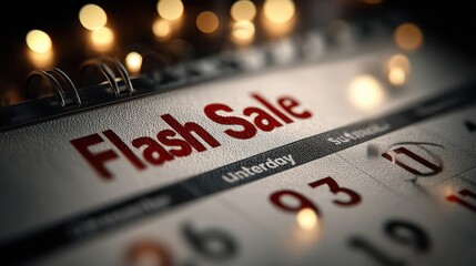 A close-up of a calendar page highlighting a "Flash Sale" event, illuminated by soft bokeh lights, emphasizing urgency and excitement for shoppers.
