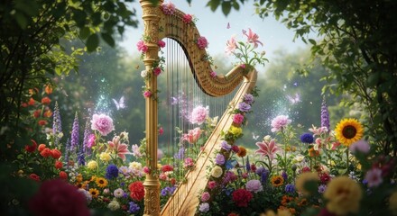 Enchanted Golden Harp Adorned with Flowers in a Magical Garden Scene