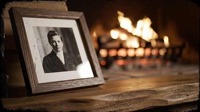 Old black and white portrait in a rustic wood frame standing on a textured mantelpiece with a soft glowing fireplace blur in the background exuding warmth