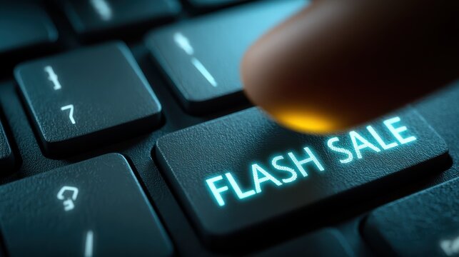 A close-up of a hand pressing a keyboard key labeled "FLASH SALE," emphasizing digital shopping and promotional offers.