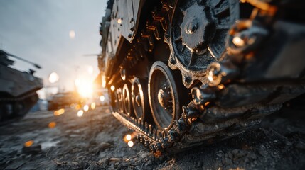A close-up view of a tank's track, showcasing the intricate details and textures against a sunset background.