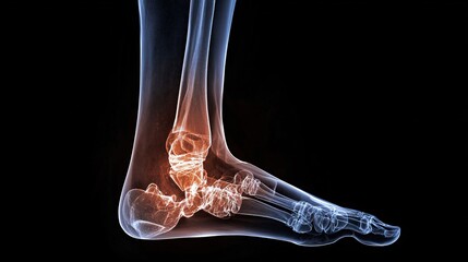 calcaneus. Medical X-ray showing detailed anatomical structure of a human heel bone on black. STEM education sheets, lab safety posters, designed for biotech research communications.