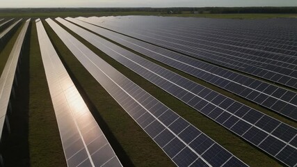 Expansive solar farm with numerous photovoltaic panels capturing sunlight for renewable energy generation. - Powered by Adobe