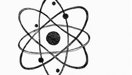 Hand drawn sketch of an atomic structure symbol on a white background.