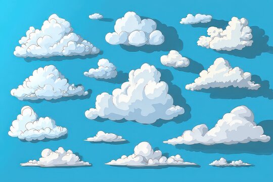 Pixelated White Clouds Floating On Azure Blue Sky Background With Light Shadows