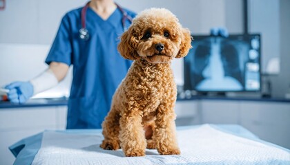 A fluffy, brown dog sits patiently on an examination table in a veterinary clinic, a vet in scrubs and a chest x-ray visible