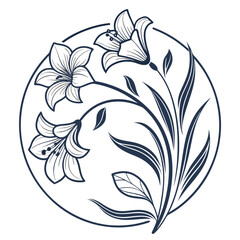 Elegant floral emblem featuring delicate lily flowers arranged in a circular frame, isolated on a timeless botanical design for various creative projects