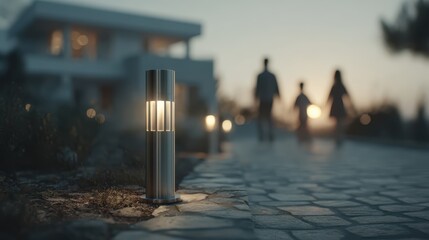 A serene evening scene featuring a stylish lamp illuminating a path, with silhouettes of a family walking in the background near a modern house.