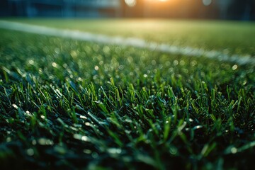 Vibrant Green Grass Close Up with Dew Drops Shimmering in Golden Sunlight on a Blurred Background on Soccer Field