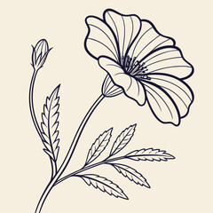 Elegant line art illustration of a poppy flower with a bud and leaves, showcasing delicate botanical details against a clean background for versatile design use