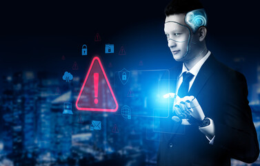 Obraz premium AI detects cybersecurity threats by monitoring system behavior, identifying anomalies, blocking breaches, and alerting users to potential security risks in real time. Vouch