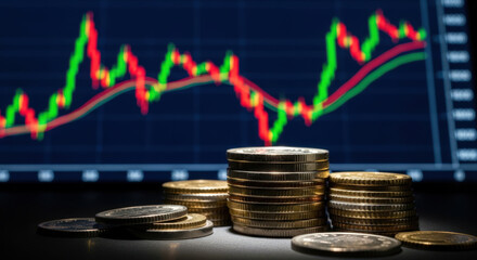 Coin Stacks Against a Stock Chart Backdrop A Conceptual Image Representing Investment, Financial Markets, and the Fluctuations of the Economy with Bull and Bear Trends