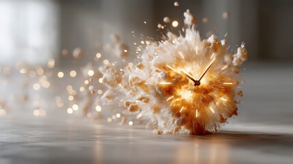 A striking image of an exploding clock, radiating light and particles, symbolizing the theme of time and its fleeting nature.