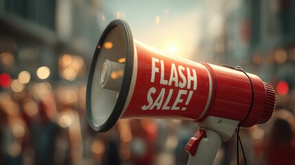 A vibrant megaphone announces a flash sale, capturing attention in a bustling outdoor scene filled with eager shoppers.