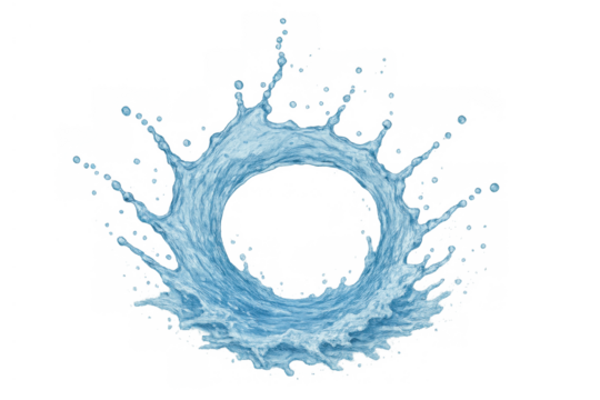 Water splash liquid forming a crown ring with drops and ripples, creating a pure fluid wave on transparent background