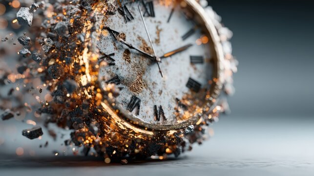 A surreal depiction of a clock disintegrating into particles, symbolizing the passage of time and its transient nature in a visually striking manner.