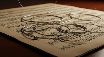Evocative Still Life: Violin Strings on Vintage Sheet Music, Artistic Composition