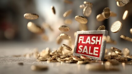 A vibrant image depicting a "Flash Sale" sign surrounded by falling coins, symbolizing a limited-time offer and excitement in shopping.