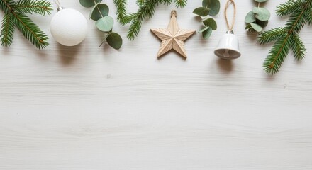 Christmas Border Fir Branches, Ornaments, Star, Bell on White Wood Background