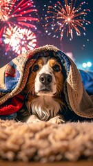A dog peeks out from under a blanket as colorful fireworks explode in the dark sky above