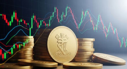 Indian Rupee Symbolized by a Coin Stack Against a Stock Market Chart, Representing India's Economy, Financial Growth, Investment Opportunities, and Market Dynamics