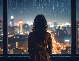 A person with long hair looks out of a skyscraper window at a rainy night cityscape. The lights twinkle amidst the rain