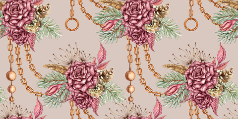 Burgundy roses, fir branches, cones, dry branches, dried flowers, leaves and chains - seamless pattern, watercolor illustration. Isolated warm nude, suitable for Christmas and New Year wrapping paper,