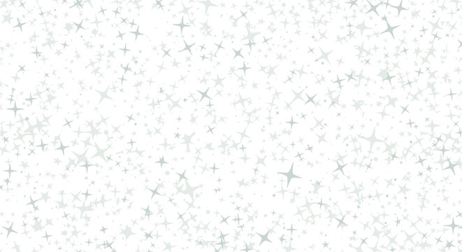 Delicate and ethereal white background filled with a random scattering of light grey and silver four-pointed star shapes, creating a gentle sparkle effect.