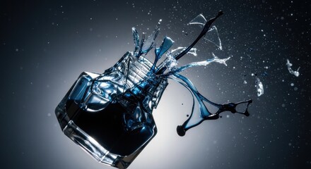 Exploding Ink Bottle: Dynamic Blue Liquid Splash and Shattered Glass