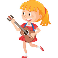 Young Girl Playing Guitar With Red Dress And White Socks On Transparent Background