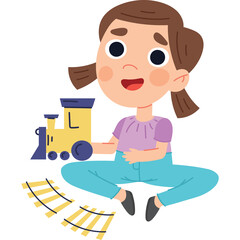 Young Girl Plays With Yellow Toy Train and Tracks Indoors With White Background