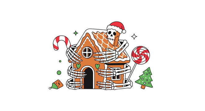 A skeleton in a Santa hat affectionately embraces a gingerbread house, surrounded by festive candy canes, lollipops, and a small Christmas tree.