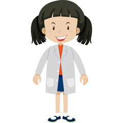 Young girl wearing a white lab coat and blue shorts with pigtails smiling confidently in a studio setting with a transparent background