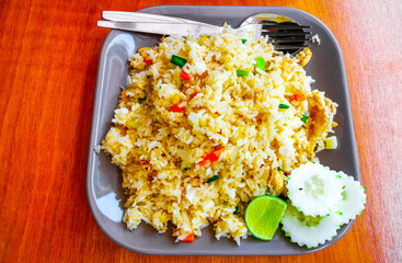 Thai food fried rice with chicken chili lime egg Thailand.