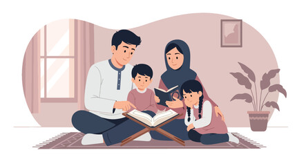 Flat vector illustration of Islamic family reading Quran together at home using traditional book stand. Solid tones, no gradients, spiritual Muslim family lifestyle scene