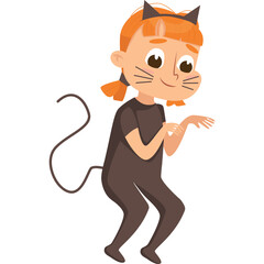 Young Girl Wearing Brown Cat Costume With Tail And Ears Playful Pose Against Transparent Background Animated Style