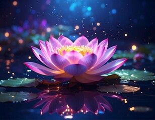 A luminous, vibrant water lily floats on a tranquil pond, surrounded by twinkling bokeh and reflecting gently. Its petals are a soft pink