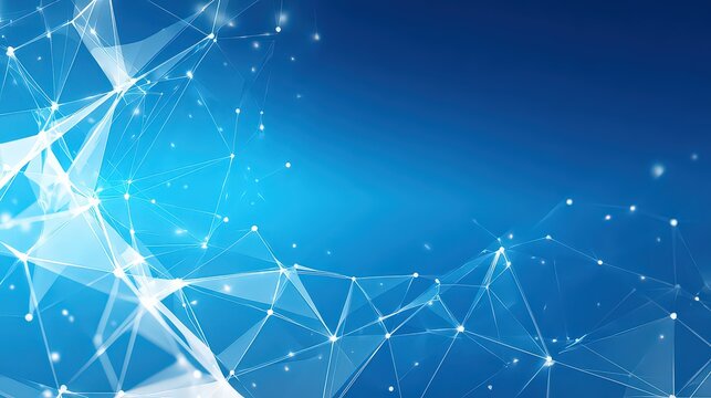 Abstract Blue Technology Background with White Triangular Mesh Network Nodes and Connections for Future Communication Innovation and Digital Transformation