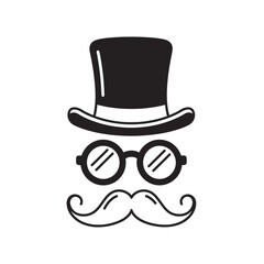 Gentleman Face Icon with Hat, Glasses, and Mustache – Vintage Silhouette Vector