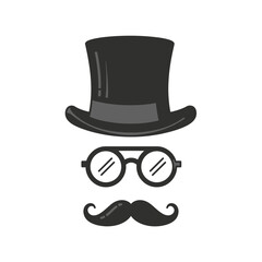 Gentleman Face Icon with Hat, Glasses, and Mustache – Vintage Silhouette Vector