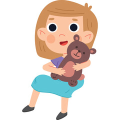 Young Girl With Brown Teddy Bear Hugging Toy With Blue Skirt And Purple Top And Black Shoes On White Background
