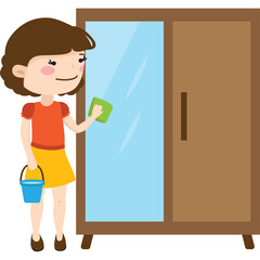 Young Girl With Bucket Cleans Mirrored Door Of Brown Wooden Wardrobe Holding Green Sponge And Wearing Orange Shirt And Yellow Skirt