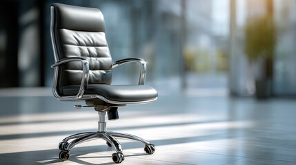 A sleek black office chair sits in a bright, modern workspace, showcasing its ergonomic design and polished metal accents.