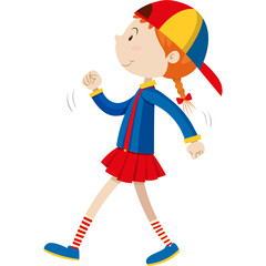 Young Girl In Blue Jacket Red Skirt And Colorful Cap Walking With Red And White Striped Socks And Blue Shoes On Transparent Background