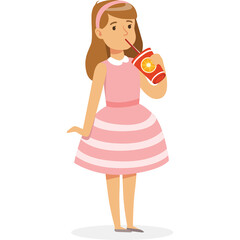 Young girl in pink dress drinking soda from a red can with orange design and straw in a studio setting with a transparent background