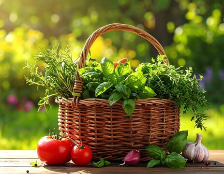 A rustic wicker basket overflowing with fresh herbs sits on a wooden surface, with ripe tomatoes and garlic. Sunlight bathes the scene