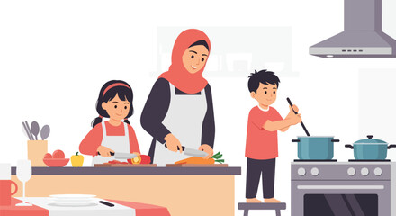 Flat vector Islamic family cooking together in modern kitchen, preparing traditional dishes. Solid warm colors, no gradients, cultural home lifestyle illustration