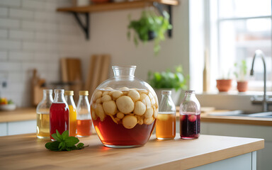 Variety of homemade infused oils and vinegars in glass jars displayed on a wooden kitchen counter perfect for culinary projects